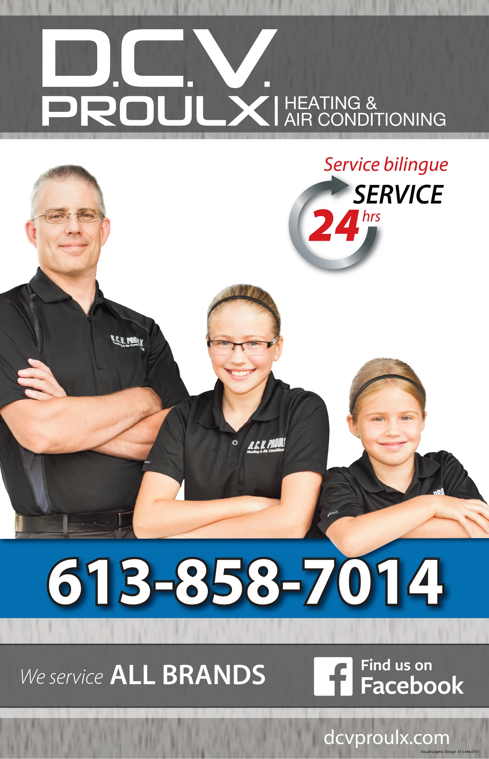 Photo promotionnelle de l'équipe D.C.V. Proulx présentant le service de CVC bilingue 24 heures sur 24 et le numéro 613-858-7014